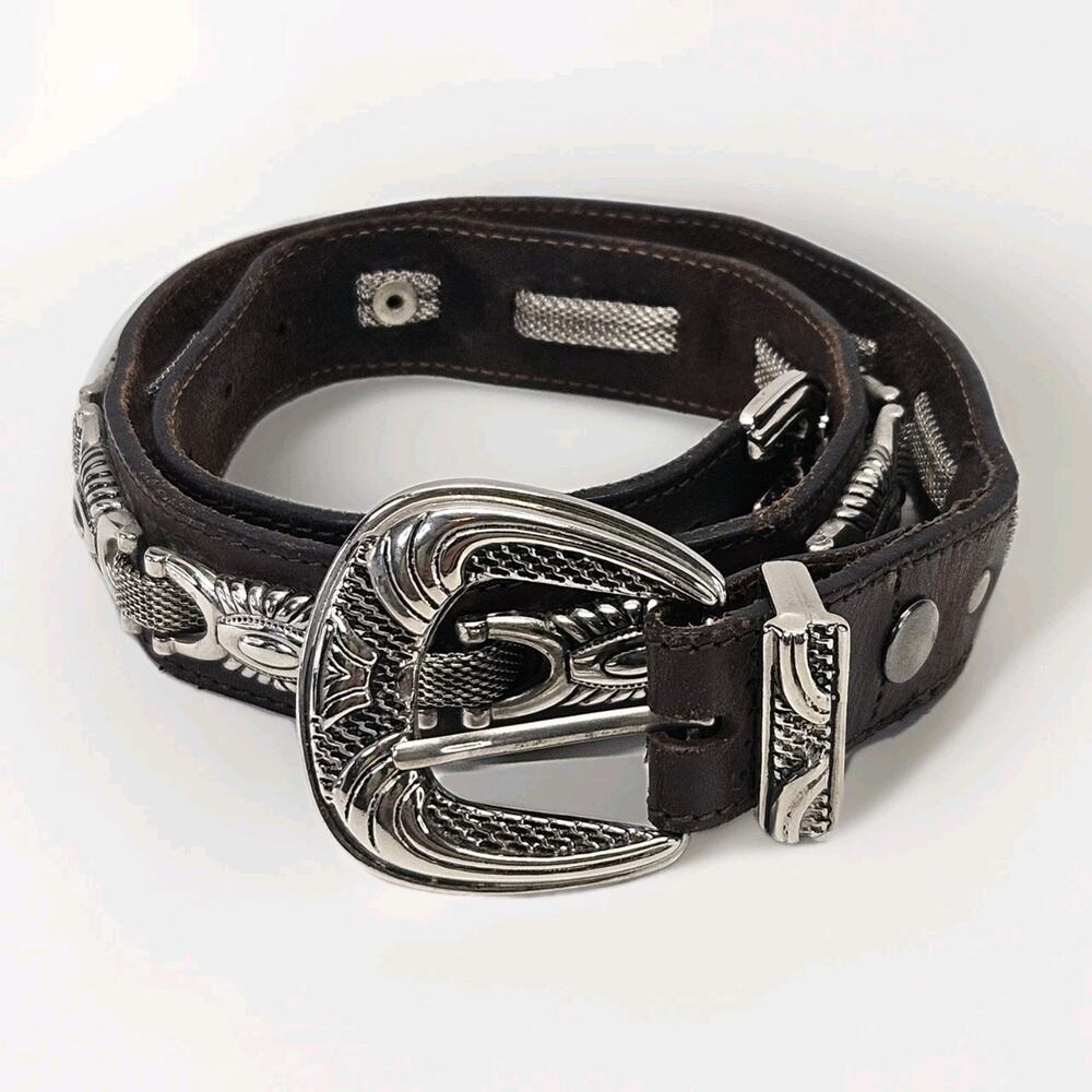 Vintage Roccobarocco Brown Leather Belt Embellished Western Cowboy Belt Small